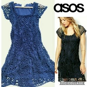 ASOS Women's Navy Crochet Fishnet Overlay Dress 6